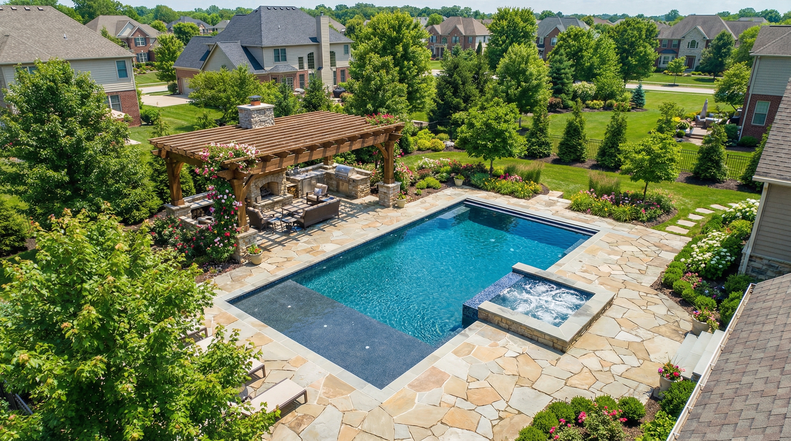 Aerial view of a custom pool built by High Tide Pools & Spas