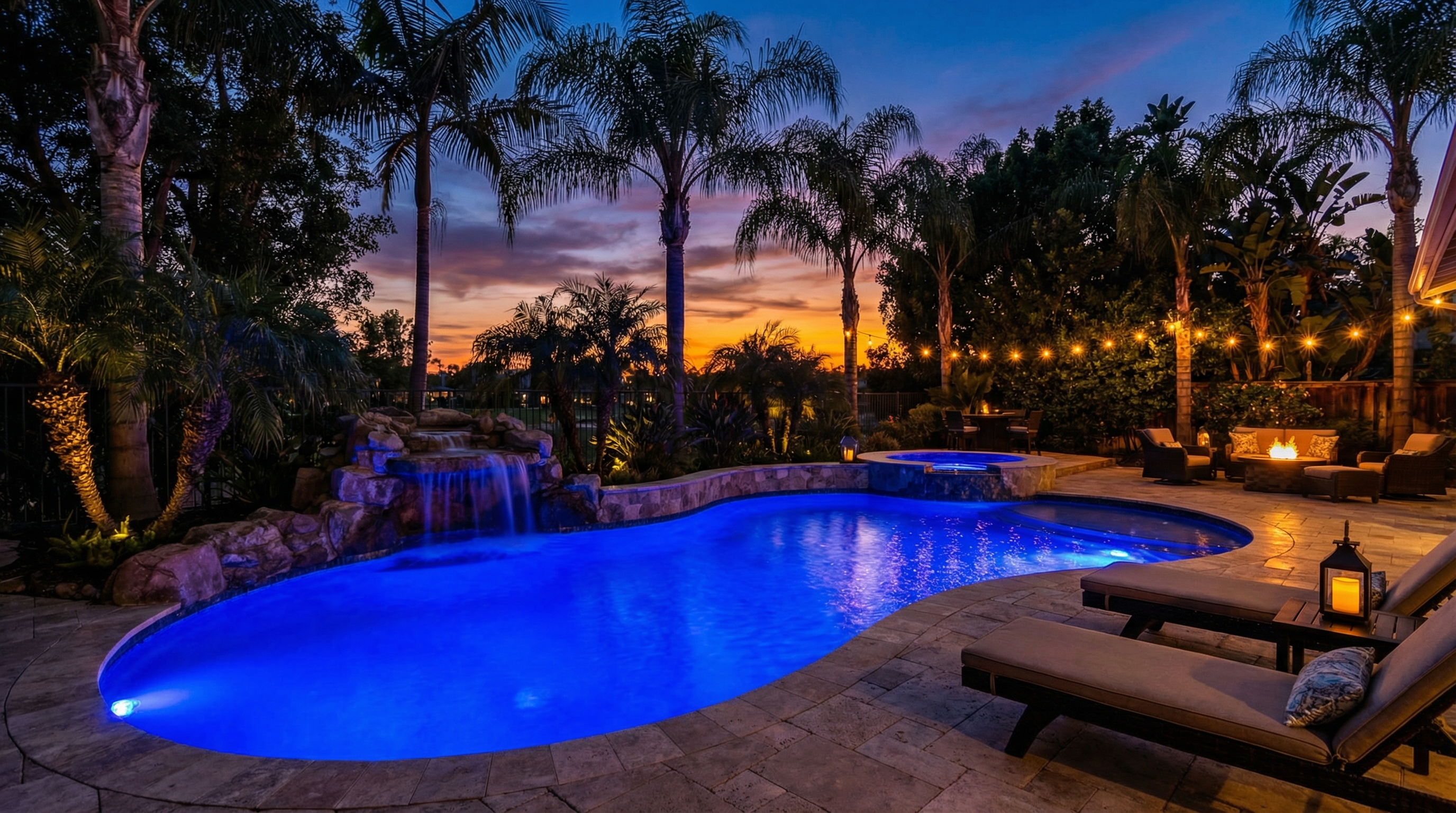 Resort-style pool at twilight